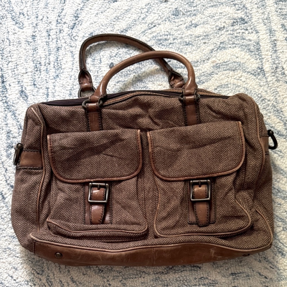 Fossil leather and wool 90s herringbone business attache overnight vintage bag